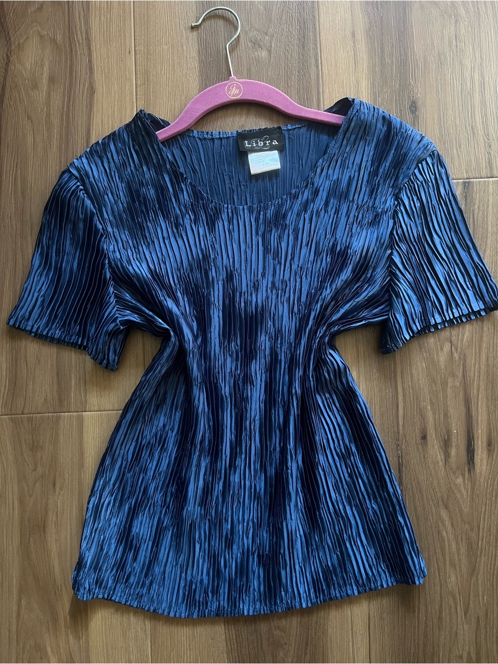 Libra Canadian made Metallic Blue Pleated Top Small